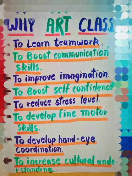 My classes are designed to be more than just fun; they help children grow. This chart outlines the key benefits of learning art, from developing fine motor skills and hand-eye coordination to boosting self-confidence and teamwork.