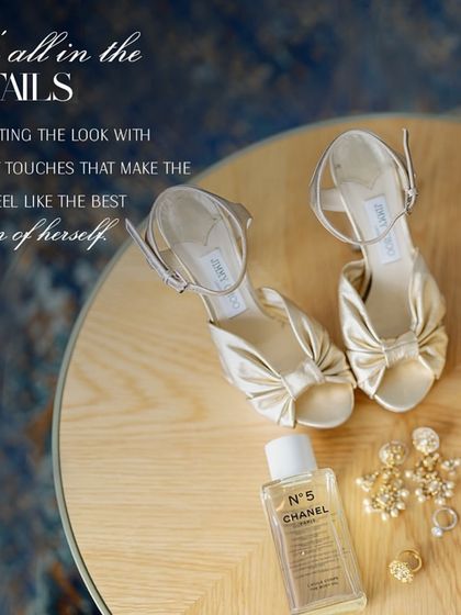 It's all in the details. This flat-lay showcases the elegant touches—Jimmy Choo shoes, Chanel perfume, and pearl earrings—that complete the bride's look.