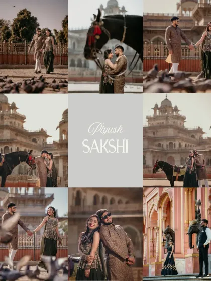 A collage capturing the royal essence of Jaipur, with the couple posing at Albert Hall amidst pigeons and with a majestic horse. This shows the variety of a destination pre-wedding shoot.