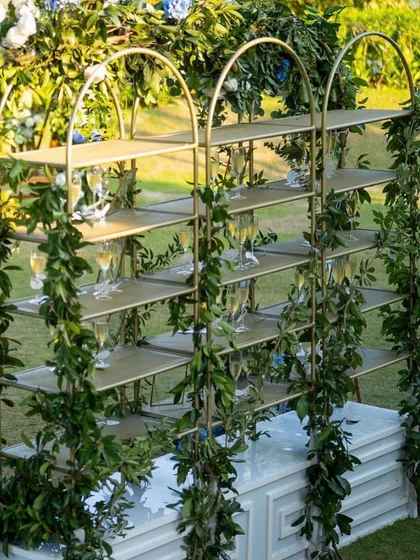 A creative and elegant champagne display shelf, adorned with greenery, making it easy for guests to grab a drink as they celebrate.