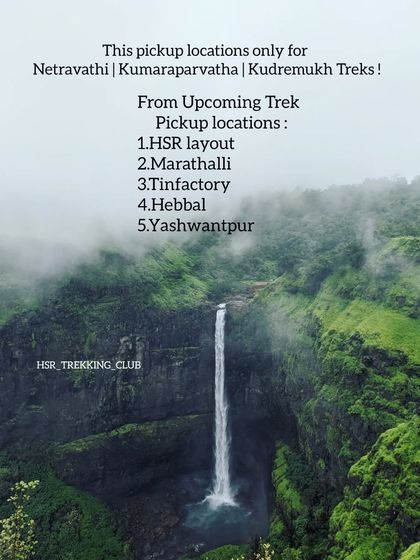 A poster for the Nethravathi winter trek with pickup locations listed.