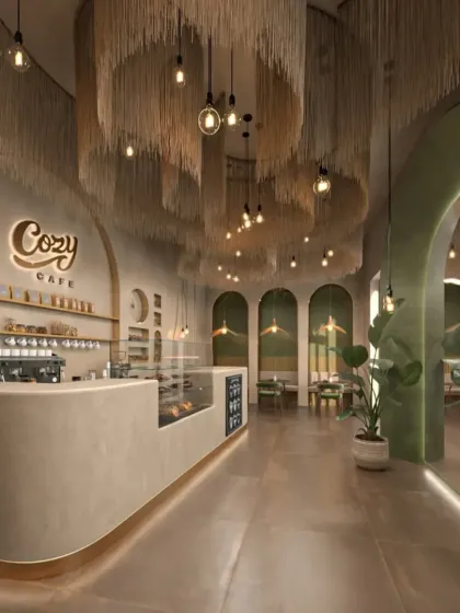 The cafe's counter area is simple and elegant, with a soft, curved form and a back wall featuring the cafe's logo. The fringed ceiling installation adds a layer of softness and visual interest.