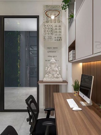 A detailed render of a workstation, showing how we integrate brand colors and textures. The fluted wood paneling and custom shelving provide both aesthetic appeal and practical storage solutions.