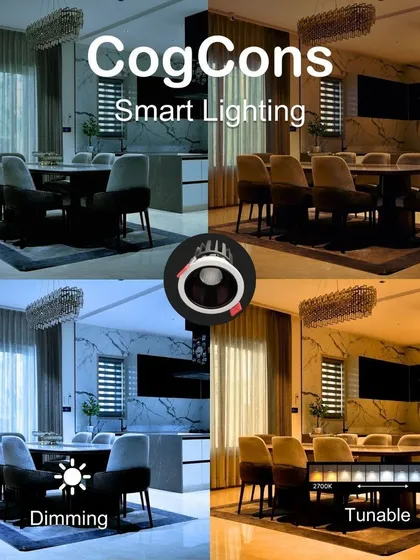 Our smart lighting systems offer complete control over your home's atmosphere. This dining area demonstrates how you can seamlessly dim the lights for mood or tune the color temperature from a cool white to a warm glow to suit any occasion.