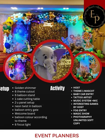 To make planning easy for you, I offer all-inclusive packages that cover both setup and activities. This graphic breaks down a popular jungle theme package, showing exactly what you get, from a golden shimmer backdrop to a live host, mascot, and magic show.