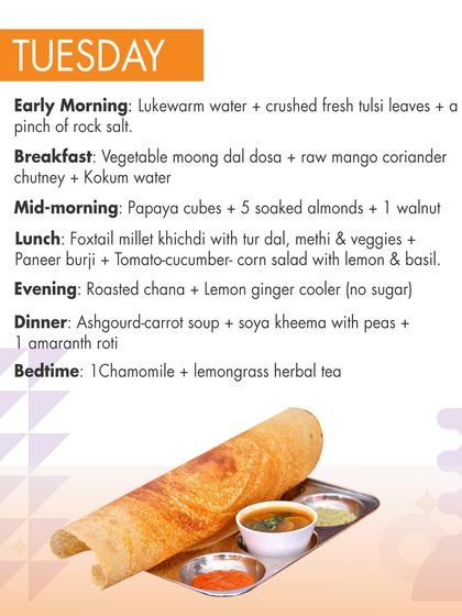 Tuesday's summer diet includes cooling kokum water and a light foxtail millet khichdi. These choices help balance pitta dosha and support digestion, which is crucial for weight management in summer.