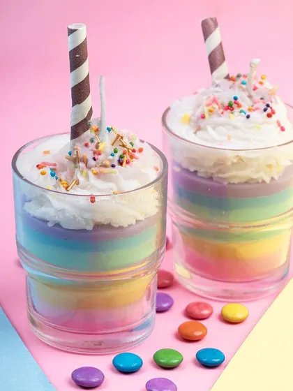 I designed these rainbow milkshake candles to be pure fun and joy. With vibrant, colorful layers, a whipped wax topping, and a paper straw, they look just like a nostalgic treat and bring a playful touch to your decor.