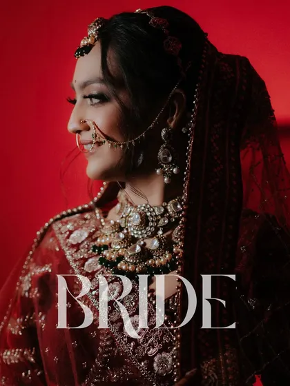 A powerful and dramatic portrait with the word 'BRIDE' overlaid. The red lighting and her confident profile create a striking and memorable image.