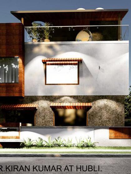 This proposed elevation for a residence in Hubli overlooks the Tolankere Lake. The design is a mix of contemporary structure with traditional touches like sloping roofs and natural stone cladding on the facade.