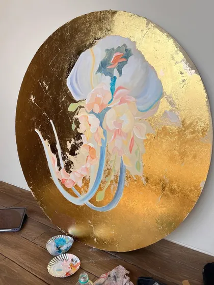 Another angle of the jellyfish art piece, showing the delicate, flowing tentacles and the soft floral elements that are integrated into its body, blending marine life with botanical beauty.