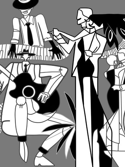 The black and white line art version of the 'Lost in the Rhythm' design, highlighting the dynamic poses of the figures.
