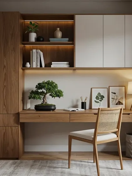 Another view of a Japandi study space, this time with a beautiful bonsai tree and a mix of open and closed storage for a clutter-free look.