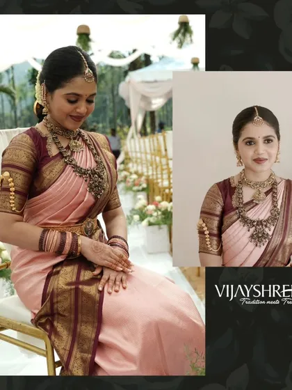 Celebrating a new beginning. Nesara Gowda looks absolutely radiant in a hand-picked pink and maroon Kanjivaram silk for her engagement ceremony. We love being a part of these cherished moments.