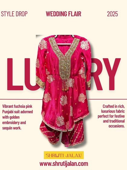 A style card for my luxurious fuchsia Punjabi suit, adorned with golden embroidery and sequin work.