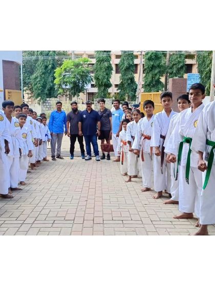 Students at our Davanagere branch lining up for the Kumite training seminar. It was a great opportunity for them to learn from senior instructors.