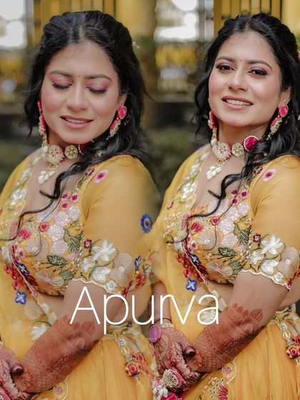 A diptych portrait of the bride, showing both a smiling and a serene expression, highlighting her floral-themed outfit.