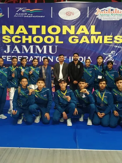 The full squad of our boys and girls teams at the National School Games in Jammu. Their unified presence shows the strength and spirit of the Dynamo fencing family.