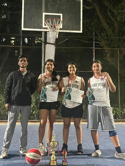 Our team celebrating their first-place finish at the Kharghar 3x3 tournament. This night-time victory shot captures the excitement of winning under the lights.