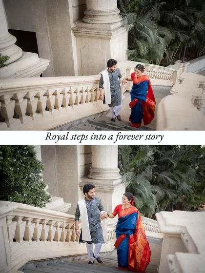 A Maharashtrian couple, Raj and Isha, descending a grand staircase hand-in-hand. This shot has a royal and timeless feel, capturing their journey into a new life together.