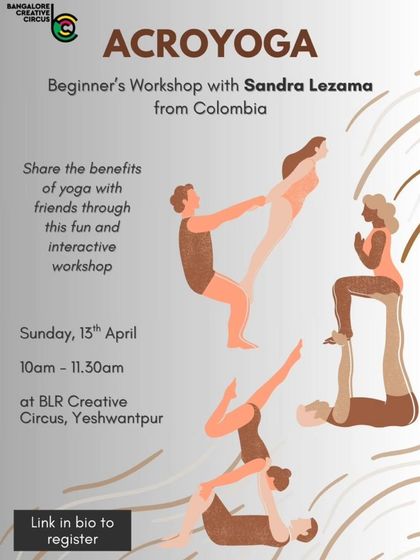 This poster for our beginner's Acroyoga workshop invites you to share the benefits of yoga with friends. It's a fun, interactive session that combines yoga, acrobatics, and healing arts.