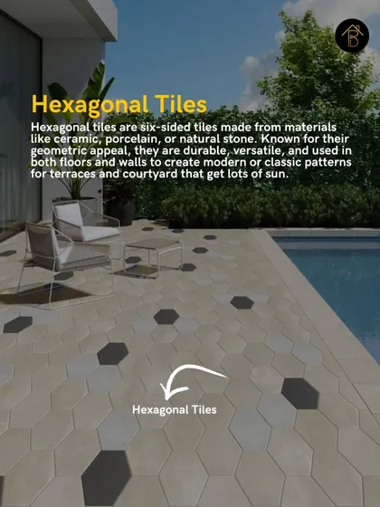 Hexagonal tiles made from porcelain or natural stone are a versatile and durable option for terraces and courtyards. Their geometric shape allows for creative patterns that can be modern or classic.