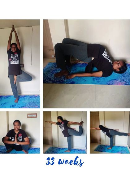 At 33 weeks, this mama is working on poses that build lower body strength and stability, like Tree Pose and Bridge Pose.