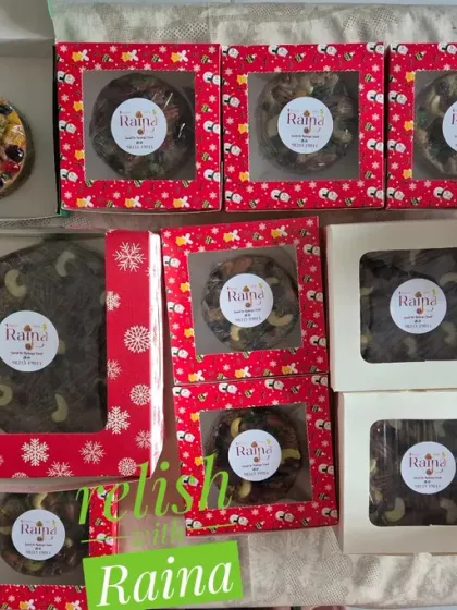 A glimpse of my kitchen during the busy Christmas season. Here are several plum cakes, in different sizes and festive packaging, all packed and ready to be dispatched to happy homes.