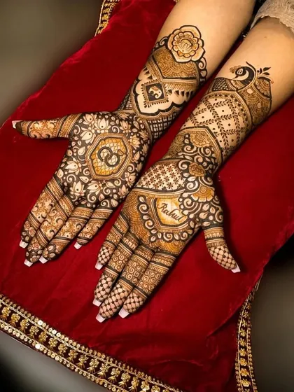 A personalized design with the name 'Rahul' and the Om symbol, surrounded by a mix of modern geometric and traditional floral patterns.