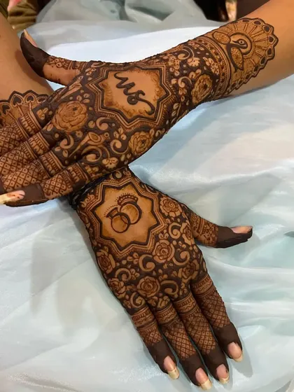A beautiful design for the back of the hands, featuring floral mandalas and personalized with initials and wedding rings.