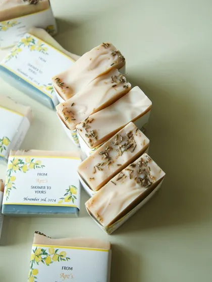 Custom Amalfi-inspired soap wraps for a bridal shower, scented with lavender and patchouli.