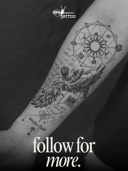 The final result of Dhruv's vision. A complex and meaningful piece combining mythology, geometry, and script, executed with micro-realistic detail.