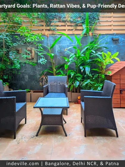 I design spaces for every member of the family, including the furry ones. This pet-friendly courtyard features durable rattan furniture, tropical plants, and a custom-built doghouse, ensuring a comfortable and safe space for everyone.