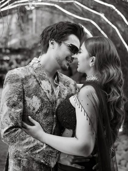 A classic black and white romantic portrait of the couple at their cocktail party. Timeless, elegant, and full of love.