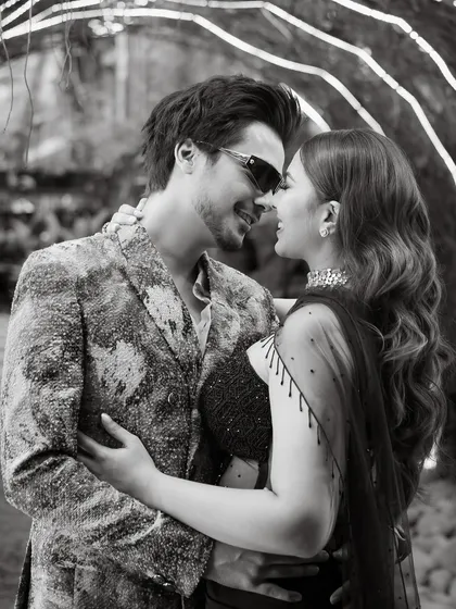 A classic black and white romantic portrait of the couple at their cocktail party. Timeless, elegant, and full of love.
