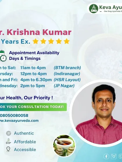 This is me, Dr. Krishna Kumar. With over 16 years of experience, my goal in every consultation is to listen carefully and create a practical, effective Ayurvedic plan that fits your life and addresses the root cause of your health issues.