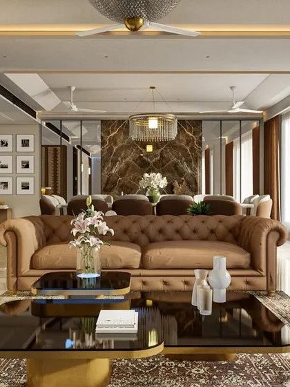 This rendering showcases a complete living and dining concept. The design uses a consistent palette of brown and beige, with reflective surfaces and strategic lighting to create a sense of depth and luxury.