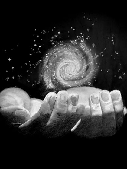 "Space." Here, a pair of hands gently holds a swirling galaxy. This piece was an attempt to capture the vastness of the universe in a small, intimate drawing.