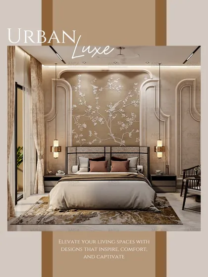 An urban luxe bedroom with a sophisticated, hotel-like feel. The design features a beautiful floral art panel, elegant pendant lights, and a neutral color scheme that exudes calm and comfort.