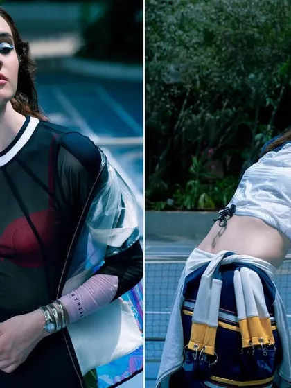 More from the sports-chic editorial. This diptych shows the versatility of the styling, capturing both movement and a relaxed, sun-soaked moment.