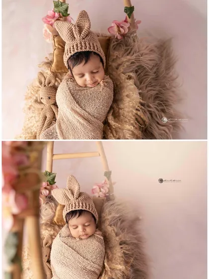 Another view of the bunny theme, this time incorporating a rustic ladder for a different composition. The soft lighting and textures are key to this look.