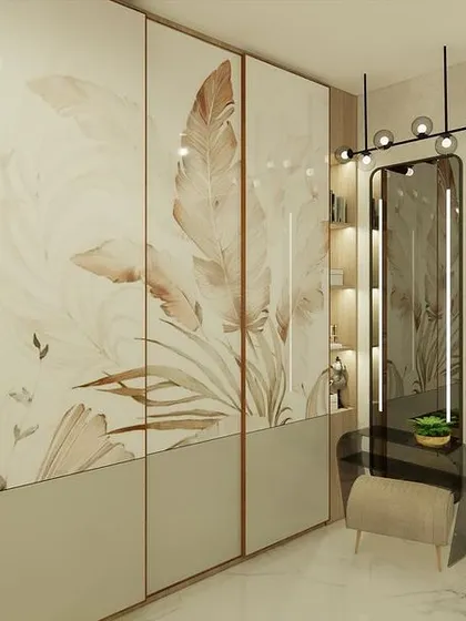 An identical shot of the beautifully designed wardrobe and dressing unit.