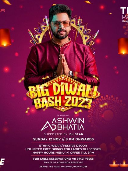 Bringing the lights and the sound of Diwali. A poster for the Big Diwali Bash 2023 at The Park, complete with an ethnic wear theme.