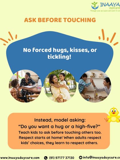 An infographic explaining the importance of asking for permission before touching. We teach children about consent and boundaries by modeling respectful questions like, "Do you want a hug or a high-five?"