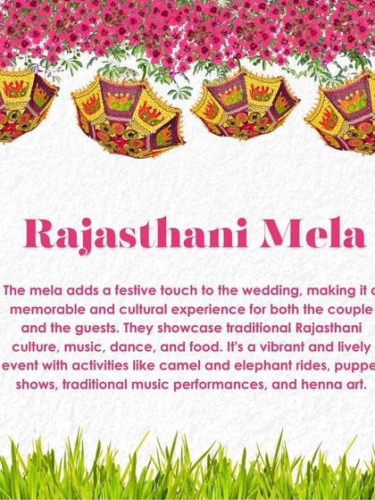A mood board explaining the concept of a Rajasthani Mela, highlighting how it adds a festive and cultural experience to the wedding with traditional music, dance, and activities.
