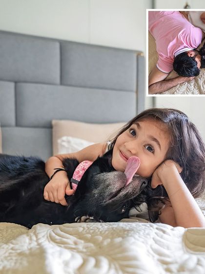 A girl gets a surprise lick from her best friend, Pakodi the indie dog. This candid shot is full of laughter and captures the playful, unpredictable nature of a kid and dog photoshoot.