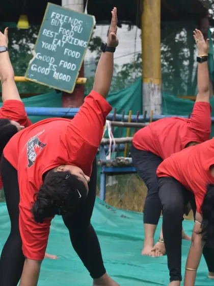 Participants in a side-angle stretch during an outdoor retreat. The natural surroundings enhance the sense of grounding and expansion.