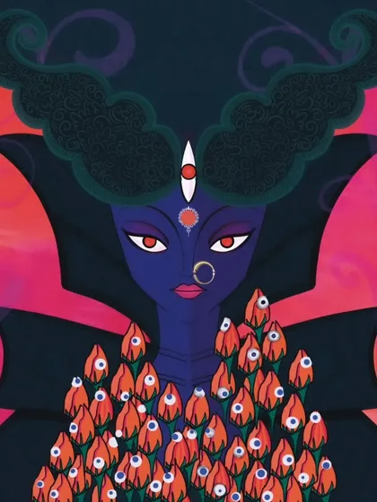 This is my depiction of the goddess in her fierce form, as seen by those who challenge righteousness. The intense colors and sharp lines are meant to convey her untamable power and strength.
