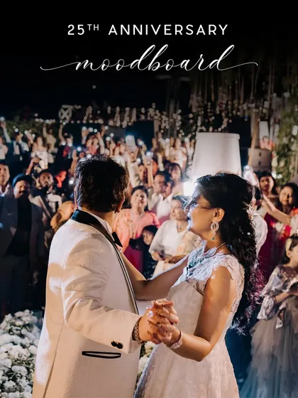 This is the moodboard for a 25th-anniversary celebration. A candid shot of the couple's first dance, surrounded by their loved ones, captures the warmth and emotion of the entire evening.