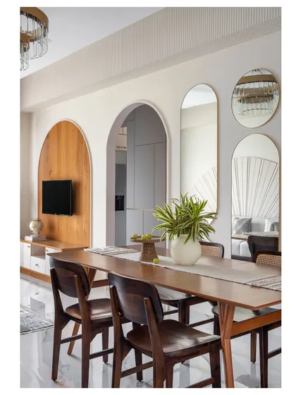 A trio of arches in our 'Apartment 601' project. The first arch frames the TV, the second opens to a passage, and the third is a set of mirrors, creating a sense of harmony and flow.