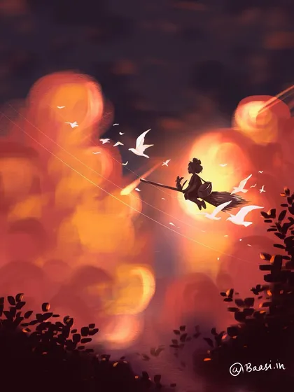 Using my iPad and Procreate, I imagined Kiki from 'Kiki's Delivery Service' soaring through a sunset sky. Digital art lets me play with light and color in a different way, creating these dreamy, glowing scenes that feel like they're straight out of the movie.
